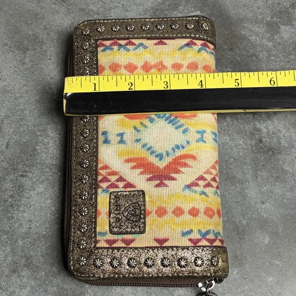 Ariat Womens Southwestern Canvas Zipper Aztec Wallet Brown Glitter Stud Trim